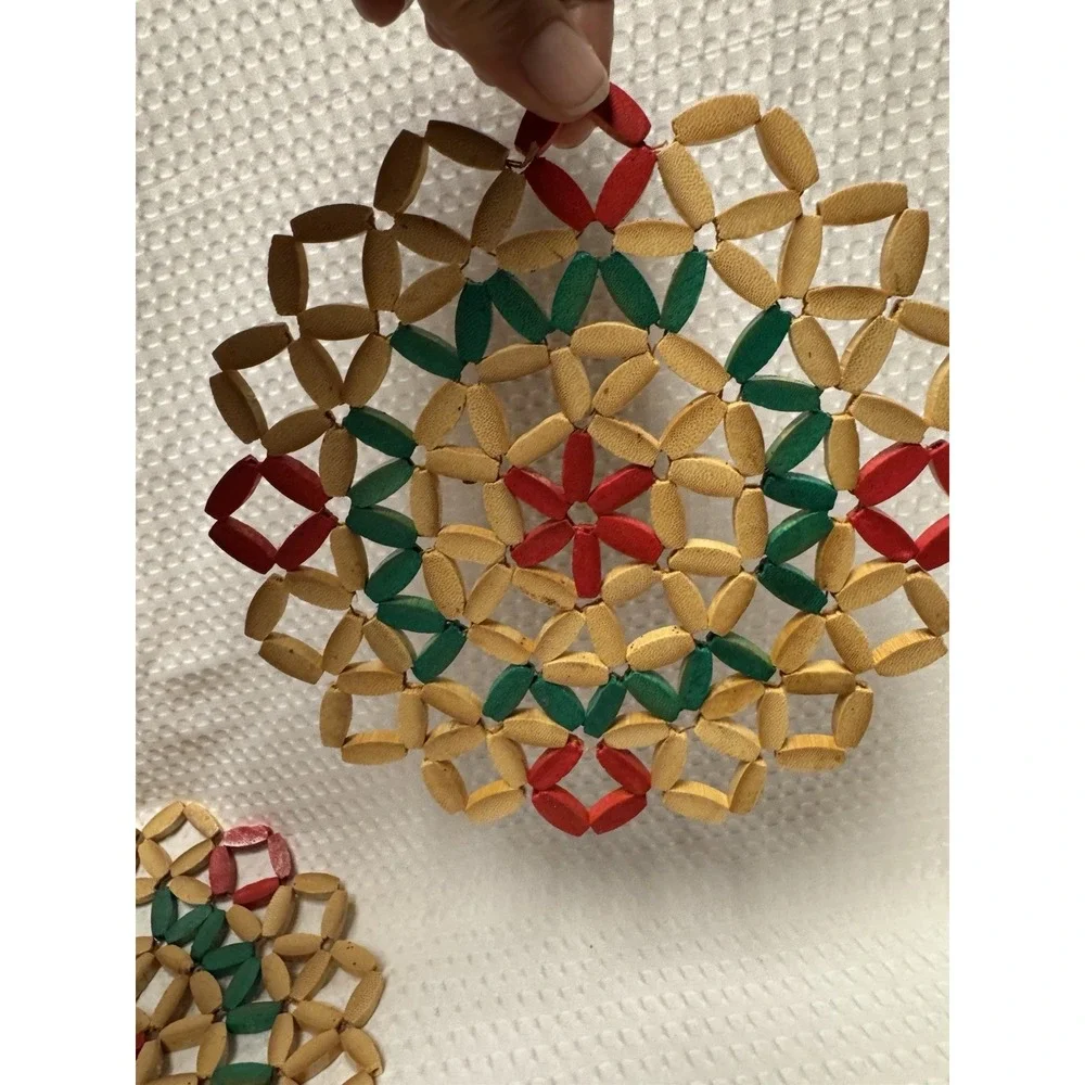 Set of 5 Vintage Wooden Bead and Bamboo Trivets Hot Pads Folk Art Retro MCM 7